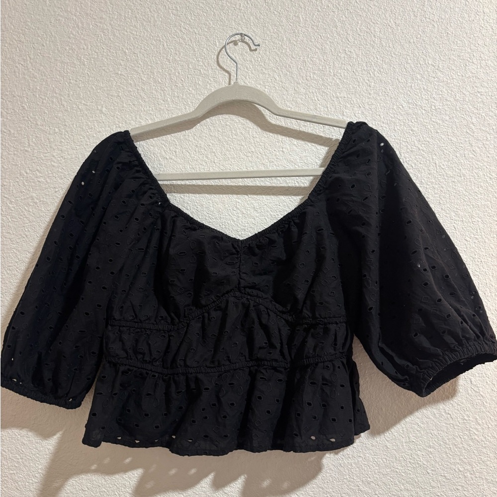 A New Day Black Blouse with Puff Sleeves and Smocked Tiered Design